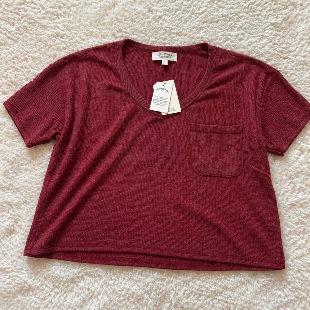 Madewell Wine Red V-Neck Short Sleeve Pocket Cropped Tee